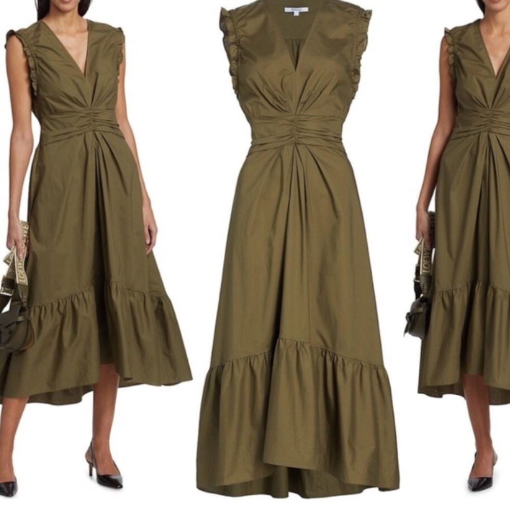Derek Lam 10 Crosby Kris A-Line Midi Dress Womens Size 16 Green Cotton Stretch